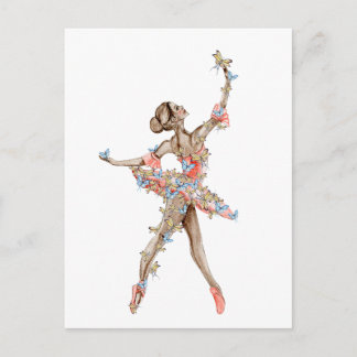 Watercolor dancing ballerina with butterfly  postcard