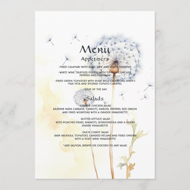 Watercolor Dandelion Wedding Menu (Front)