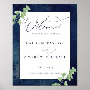 Watercolor Dark Blue Greenery Rehearsal Dinner Poster