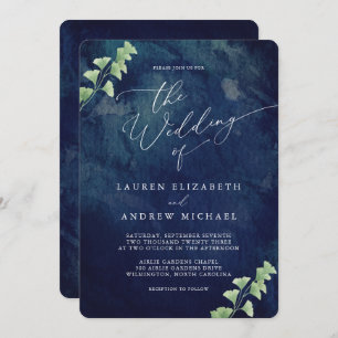 Watercolor Dark Blue Greenery Wedding Invitation
