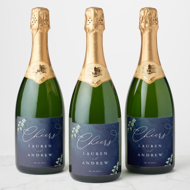 Watercolor Dark Blue Greenery Wedding Sparkling Wine Label (Bottles)