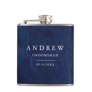 Watercolor Dark Blue Wedding Hip Flask