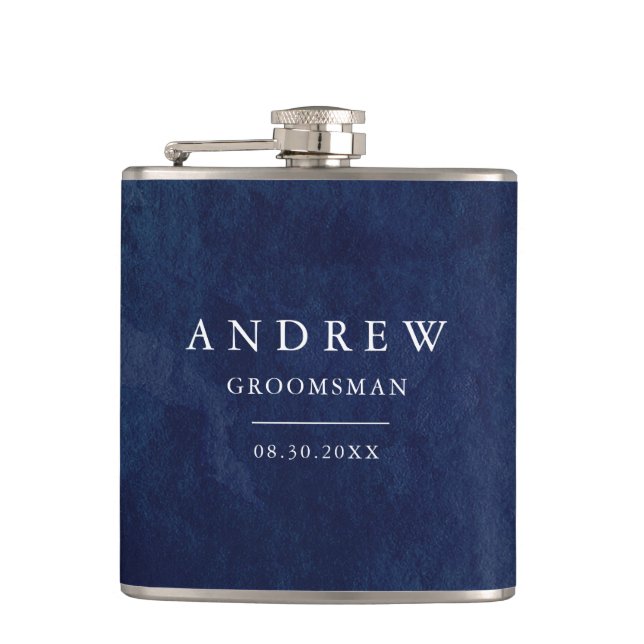 Watercolor Dark Blue Wedding Hip Flask (Front)