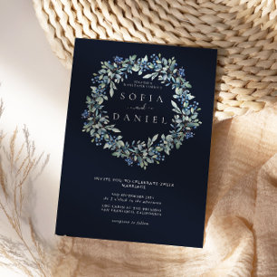 Watercolor Dark Blue Winter Floral Photo Wedding Invitation