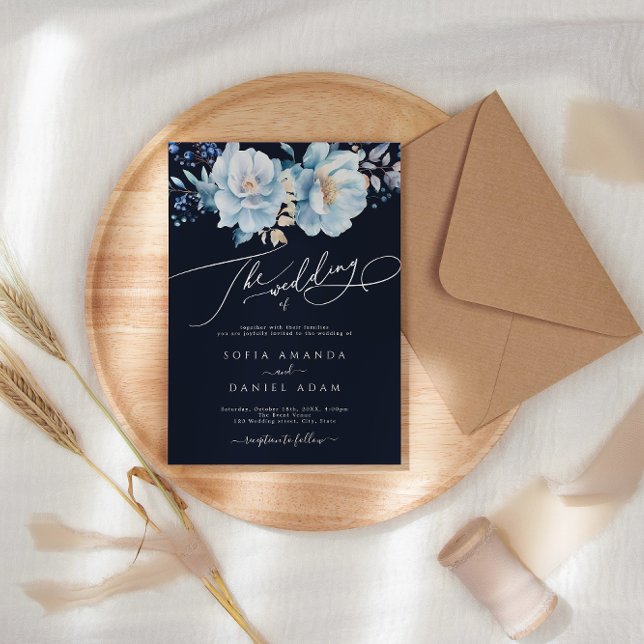 Watercolor Dark Blue Winter Floral  Wedding Invitation (Creator Uploaded)