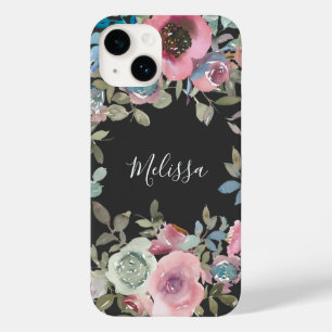 Watercolor Dark Brown Boho Floral Script Name Case-Mate iPhone 14 Case