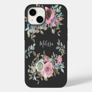 Watercolor Dark Brown Boho Floral Script Name iPhone 14 Case