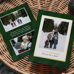 Watercolor Dark Green Frame 3 Photos Christmas Foil Holiday Card
