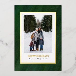 Watercolor Dark Green Frame Photo Christmas Foil Holiday Card