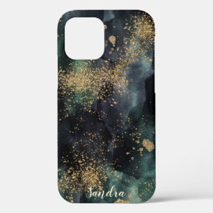 Watercolor Dark Green Ombre & Gold Personalised iPhone 12 Case