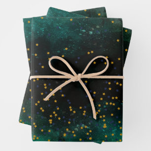 Watercolor Dark Green with Golden Stars  Wrapping Paper Sheet