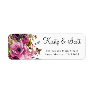 Watercolor Dark Pink Flowers Wedding Address Label