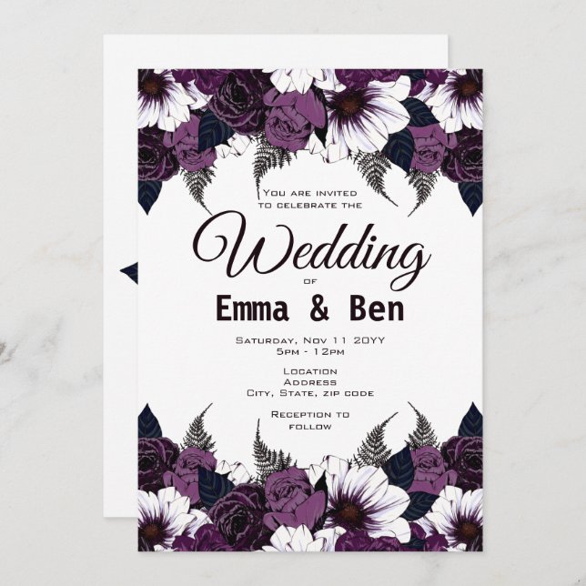 Watercolor Dark Purple Floral Wedding Invitation (Front/Back)