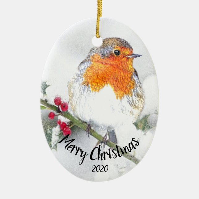 Watercolor Dated English Robin  Merry Christmas Ceramic Tree Decoration (Front)