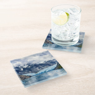 Watercolor Dawes Glacier Alaska Cabins Cosy Lodge  Glass Coaster