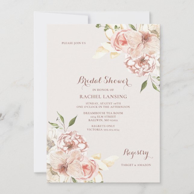 Watercolor Daylily and Rose Bridal Shower Invitation (Front)
