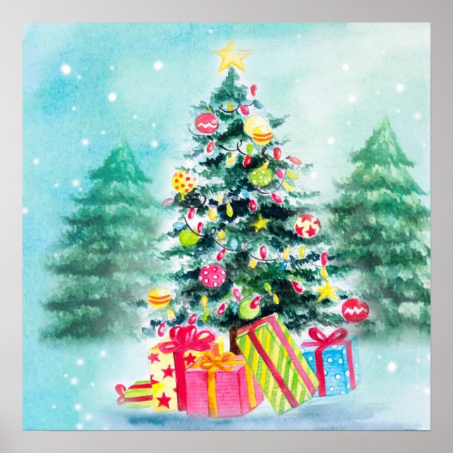 Watercolor Decorated Christmas Tree Poster (Front)