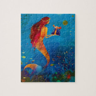 Watercolor Deep Blue Sea Glitter Mermaid Jigsaw Puzzle