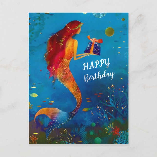 Watercolor Deep Blue Sea Glitter Mermaid Postcard (Front)