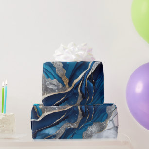 Watercolor Deep Blue, Silver and Gold Alcohol Ink Wrapping Paper