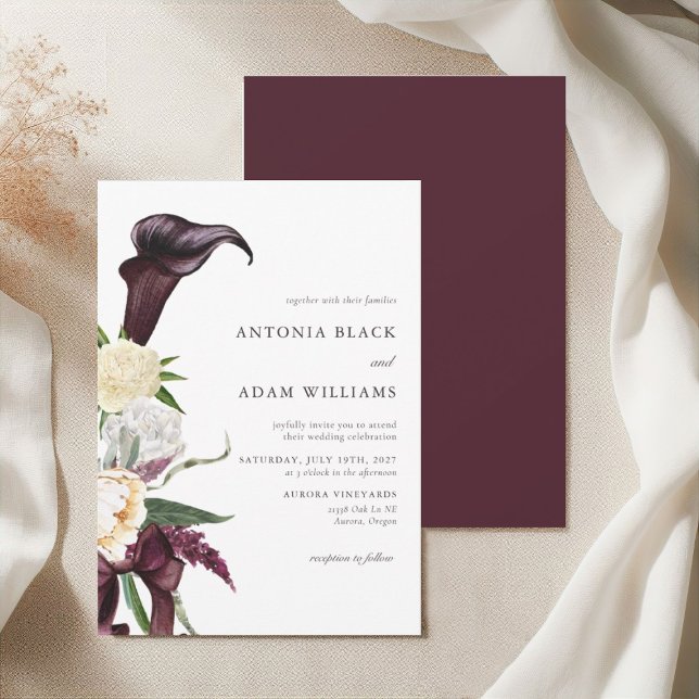 Watercolor Deep Cherry Plum Floral Wedding Invitation (Creator Uploaded)