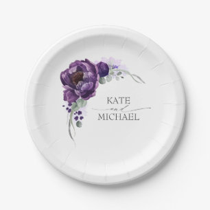 Watercolor Deep Dark Purple Flowers Wedding Paper Plate