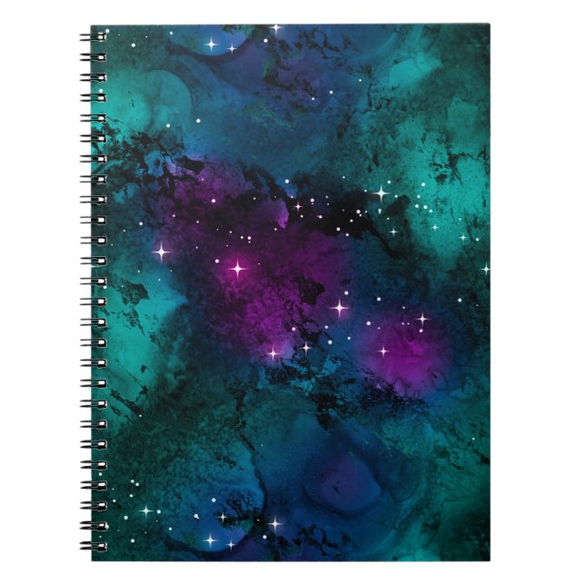 Watercolor Deep Green & Purple Marble Galaxy Notebook (Front)