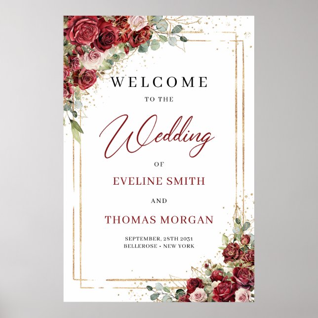 Watercolor deep red marsala roses wedding welcome poster (Front)