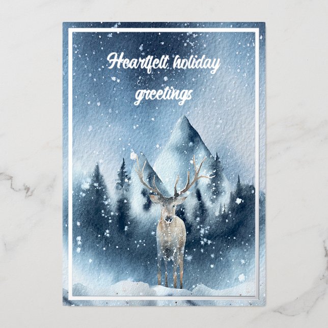 Watercolor deer and snow custom Christmas Foil Holiday Card (Front)