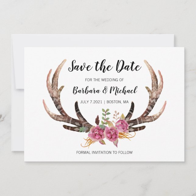 Watercolor Deer Antlers Bohemian Country Wedding Save The Date (Front)