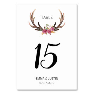Watercolor Deer Antlers Bohemian Country Wedding Table Number