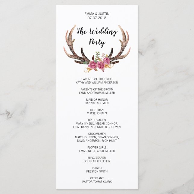 Watercolor Deer Antlers Country Wedding Rackcard Programme (Front)