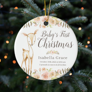 Watercolor Deer Baby's First Christmas Photo Ceramic Tree Decoration