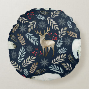 Watercolor Deer Bear Hand Drawn Round Cushion