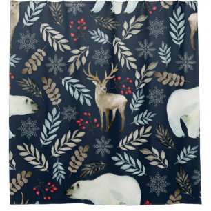 Watercolor Deer Bear Hand Drawn Shower Curtain