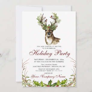 Watercolor Deer, Birds Holly Berry Holiday Party Invitation