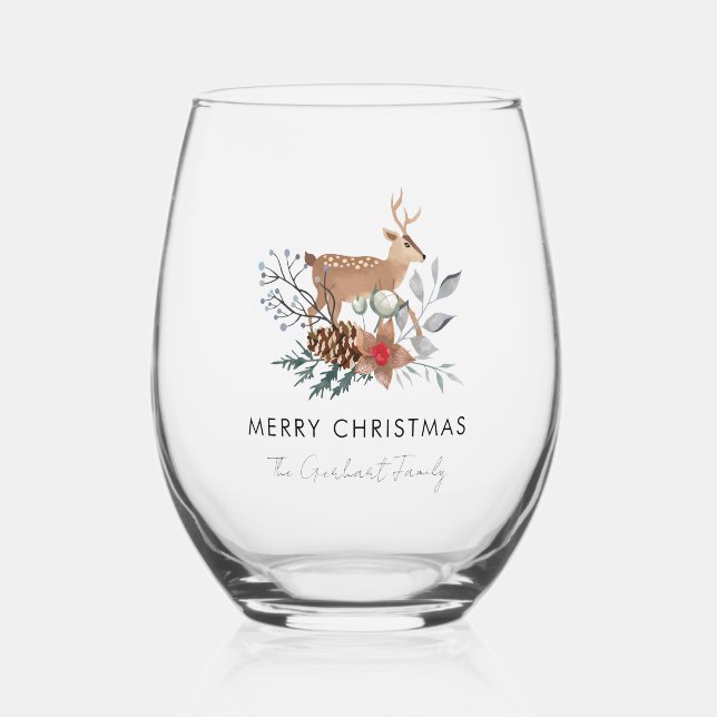 Watercolor Deer Botanical Christmas Holiday Stemless Wine Glass (Front)