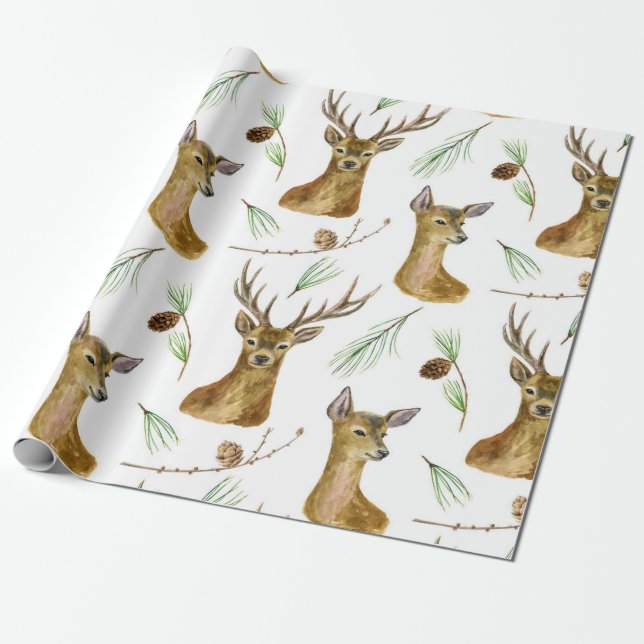 Watercolor Deer Christmas Pattern Wrapping Paper (Unrolled)