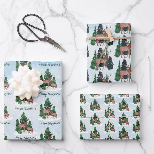 Watercolor Deer Christmas Wrapping Paper Sheet (Front)