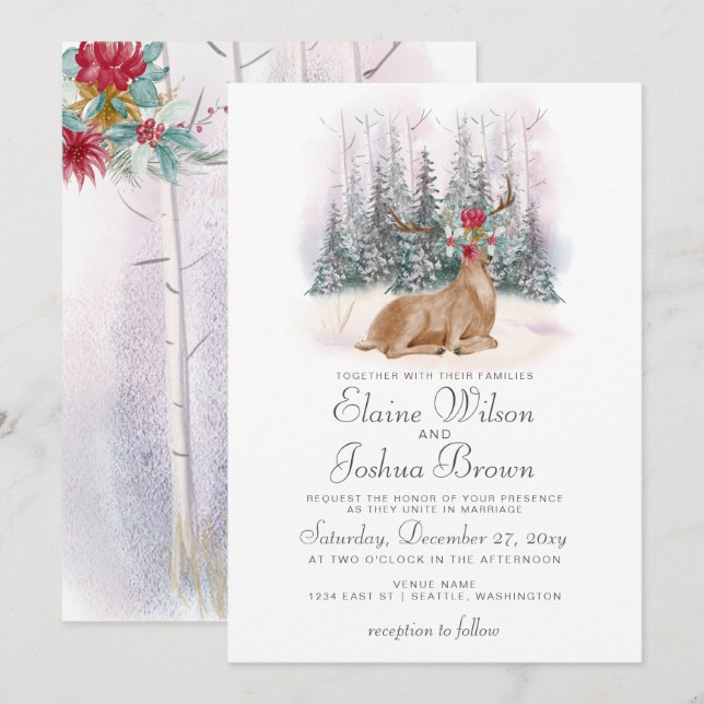 Watercolor Deer Floral Antler Pine Winter Wedding Invitation (Front/Back)