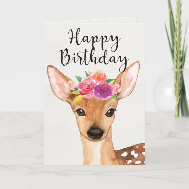 Watercolor Deer & Flowers - Happy Birthday Card (Front)