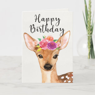 Watercolor Deer & Flowers - Happy Birthday Card
