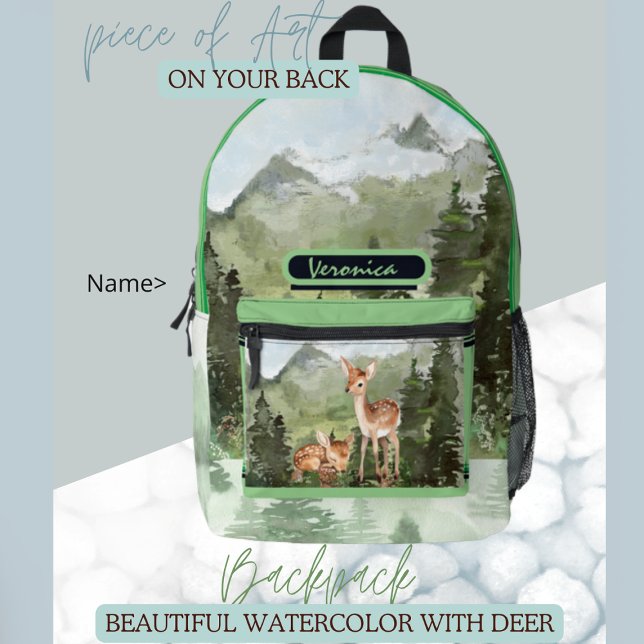  Watercolor Deer Forest  Printed Backpack (Watercolor forest with deer backpack)