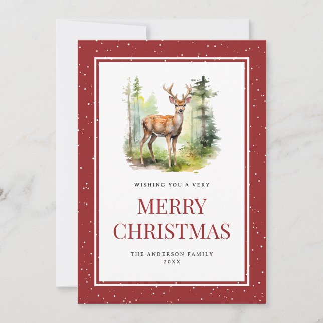 Watercolor Deer Forest Snowy Merry Christmas Card (Front)