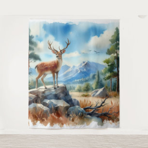 Watercolor Deer in Nature Tapestry