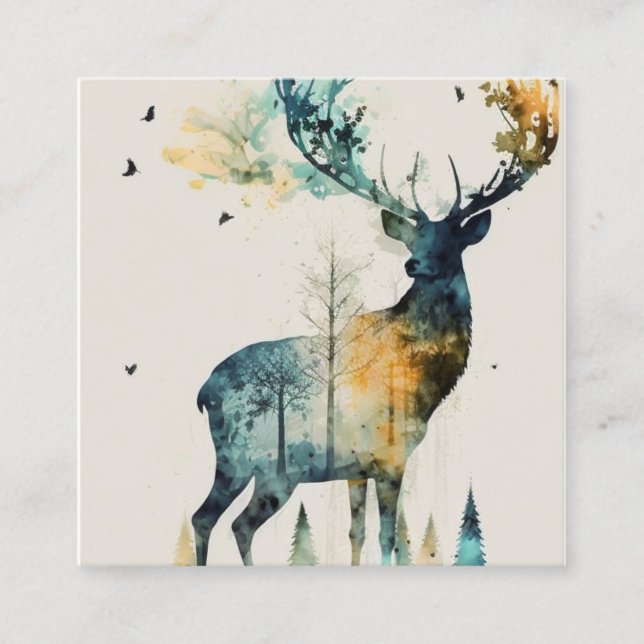 Watercolor Deer in the Forest  Square Business Card (Front)