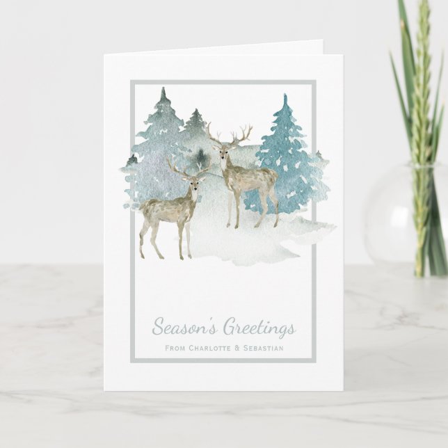 Watercolor Deer in Trees Christmas Winter Scene Card (Front)