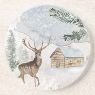 Watercolor Deer in Winter Forest Christmas Coaster