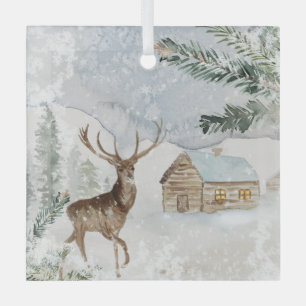 Watercolor Deer in Winter Forest Christmas  Glass Tree Decoration