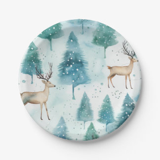 Watercolor Deer In Winter Forest Christmas Paper Plate